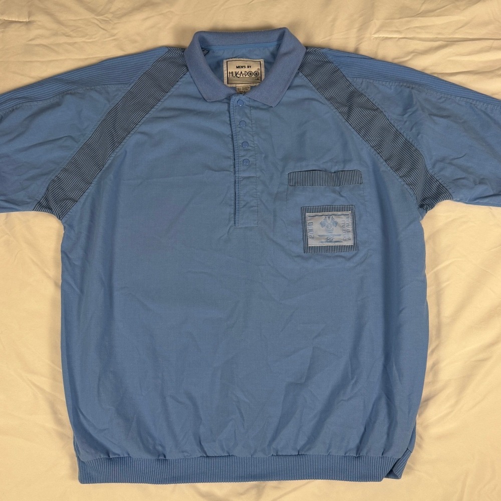 Huk-A-Poo Mens Blue Short Sleeve Polo Shirt Large Dateali Apitalia Patch Vintage